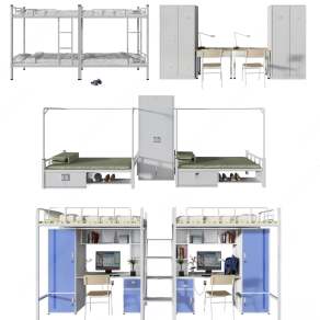 现代宿舍铁架双层床组合3D模型下载